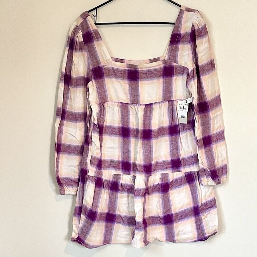 NWT BP by Nordstrom Cream + Purple Plaid Long Sleeve Square Neck Mini Dress - S - Picture 2 of 7